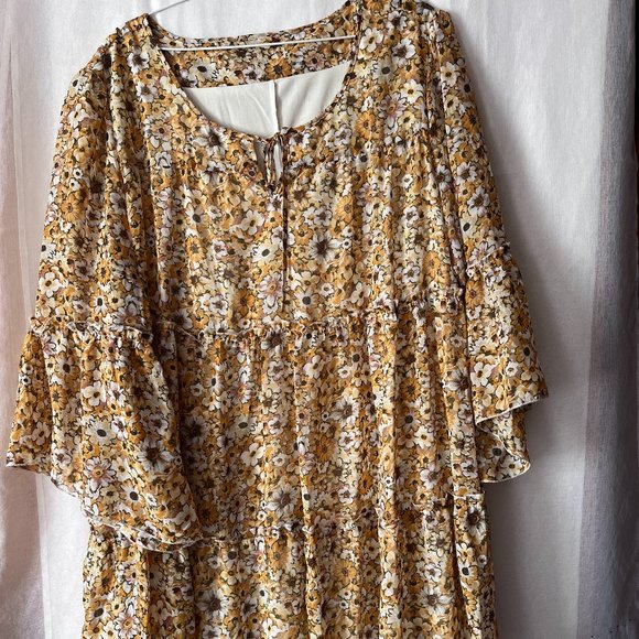 Boutique Dresses & Skirts - NWOT Boho Yellow Brown Floral Dresses Ruffle Summer Dress XL Womens Dress Summer